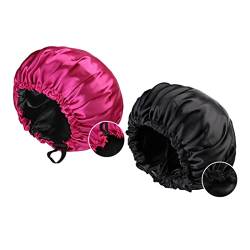 Frauen große Satin Nacht Schlafmütze für lange lockiges Haar Doppelschicht übergroße einstellbare Kappe 2 PACK von PEONNYT