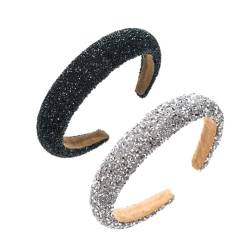 PEONNYT 2 Stück glitzernde Strass-Stirnbänder Kristall Diamant Mode Haarband handgefertigt Bling Perlen Stirnband Glitzer Haarband für Frauen Mädchen (Balck+ Perlsilber) von PEONNYT