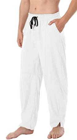 Perdontoo Herren-Sommerhose aus Leinen und Baumwolle, lockere Passform, leicht, elastische Taille - Weiß - Mittel von PERDONTOO
