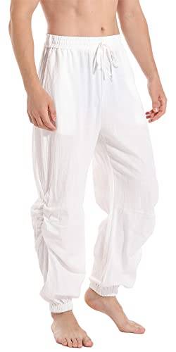 perdontoo Lässige Herren-Hose aus Baumwoll-Leinen, elastische Taille, Kordelzug, Yoga-Jogginghose, Weiss/opulenter Garten, Large von PERDONTOO