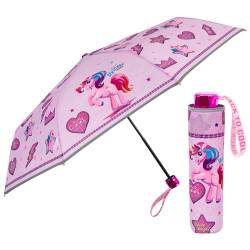 PERLETTI Einhorn Kinder Regenschirm Mädchen - Rosa Pink Unicorn Taschenschirm Minischirm Kinderschirm 7+ Jahren - Regenschirm Klein Windfest mit Reflektierendem Rand - Durchmesser 91 cm (Pink Denim) von PERLETTI