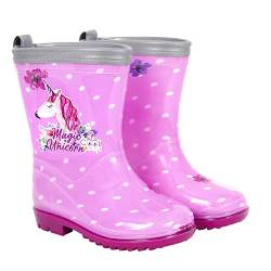 PERLETTI Kinder Einhorn Gummistiefel Rosa mit Punkten - Wasserdichte Regen Stiefel Regenstiefel mit Rutschfeste Sohle und Silber Rand Reflektierend - Unicorn Stiefeletten Mädchen (Rosa, 24/25 EU) von PERLETTI