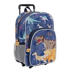 PERLETTI Kinder Rucksack Blau für Kindergarten Jungen 3 4 5 6 Jahre - Kinderrucksack mit Abnehmbaren Rädern für Kleinkinder - Pirat Dinosaurier Rollrucksack mit Reflektierenden Details (Dinosaurier) von PERLETTI