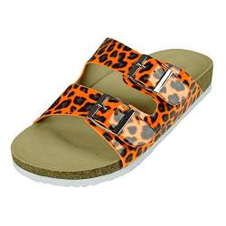 PERLETTI Pantoletten Damen Sommer Haus Strand - Mädchen Verstellbare Hausschuhe Farbig Bunt - Frauen Schlappen Laufkomfort Bequem - Flache Sandalen Badelatschen (Leopardenmuster Orange, Numeric_39) von PERLETTI