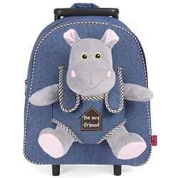 PERLETTI Plüschtier Kindergepäck Rucksack für Kinder - Kinderrucksack mit Abnehmbaren Rädern und Kuscheltier Spielzeug - Kindergarten Rollrucksack Kleinkinder 3 4 5 Jahren - 28x32x11 cm (Nilpferd) von PERLETTI