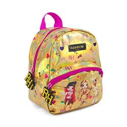 PERLETTI Rainbow High Fahion Rucksack für Klein Mädchen - Kleiner Backpack Gold mit Tasche für Kinder 4 5 6 Jahre - Holografische Kindertasche Kleinkind Kindergarten mit Ruby Poppy Sunny - 21x17x12 cm von PERLETTI