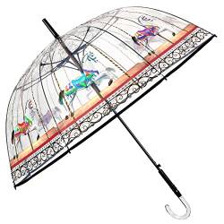 PERLETTI Regenschirm Transparent Damen Frauen mit Pferden - Durchsichtiger Schirm Kuppel Förmigen - Glockenregenschirm Automatik Sturmfest - Stockschirm Klar Größ - Durchmesser 89 cm (Karussell) von PERLETTI
