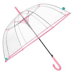 PERLETTI Rosa Regenschirm Transparent für Damen Frauen - Durchsichtiger Schirm Kuppel Förmigen Windfest - Glockenregenschirm Stockschirm Automatik Sturmfest Klar Größ - Durchmesser 89 cm (Pink) von PERLETTI