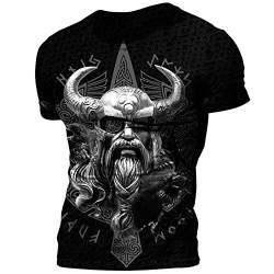 PERSIMONE Herren Wikinger T-Shirt Retro Casual Viking Odin 3D Digitaldruck Rundhals Kurzarm Tops Gym Workout T-Shirts von PERSIMONE