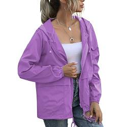 Damen Wasserdichter Regenmantel Leichte Regenjacke Kapuze Windbreaker mit Taschen für Outdoor, Helles Violett, S von PESION