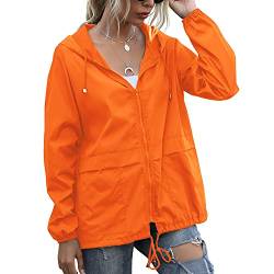 Damen Wasserdichter Regenmantel Leichte Regenjacke Kapuze Windbreaker mit Taschen für Outdoor, Orange, X-Large von PESION