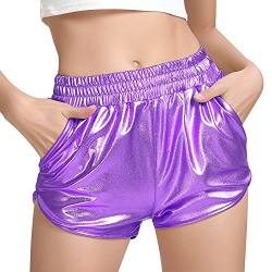 PESION Damen Metallic Shiny Shorts Sparkly Rave Hot Short Pants, hellviolett, Mittel von PESION