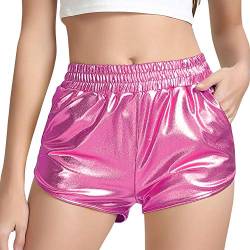 PESION Damen Metallic Shiny Shorts Sparkly Rave Hot Short Pants, rose, Groß von PESION