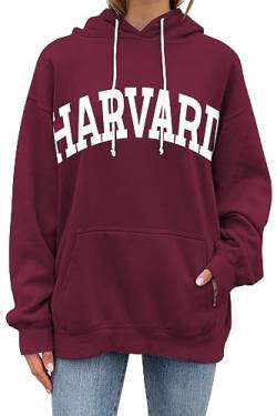 PESION Damen Pullover Hoodies Oversized Graphic Color Block Neuheit Hoodie Sweatshirts mit Taschen, Burgund+ Harvard, XXL von PESION