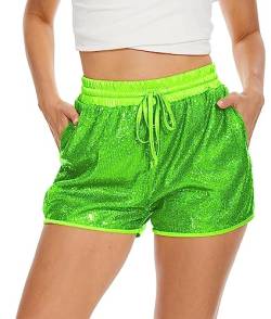 PESION Pailletten Rave Shorts für Frauen Hohe Taille Casual Lose A Linie Hot Pants Sparkly Clubwear Night-Out Shorts, neon green, X-Groß von PESION