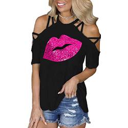 PESION Schulterfreie Damen-Tops, sexy, glänzend, lang/kurze Ärmel, modische grafische T-Shirts, Blusen, B - Schwarz + Pink Lip, Mittel von PESION