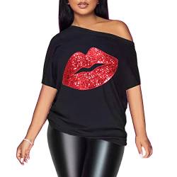 PESION Schulterfreies Damen-Top, sexy, glänzend, kurze Ärmel, lustige Grafik-T-Shirt-Blusen, Black+ Red Lip, 3X-Groß von PESION
