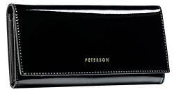 PETERSON | Damenbrieftasche | Horizontal | Hochwertig | Handpoliert | Elegant | Zeitlose Farbe | Goldenes Logo | RFID-System | Funktionelle Innenausstattung | Verpackt (SCHWARZ Glänzend) von PETERSON