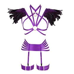 Damen Feder Set Geschirr Käfig BH Plus Size Punk Gothic Festival Karneval Kunst Kostüm (Violett) von PETMHS