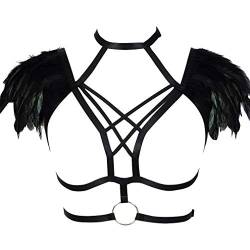 Damen Federn Riemchen Schulterklappe Wing Punk Rave Burning Man Frauen Feather Einstellbare Body Harness BH Stil Dessous Sling Schal Shrug Karosserie Geschirr (Schwarz D) von PETMHS