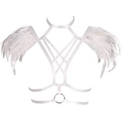 Damen Federn Riemchen Schulterklappe Wing Punk Rave Burning Man Frauen Feather Einstellbare Body Harness BH Stil Dessous Sling Schal Shrug Karosserie Geschirr (Weiß) von PETMHS