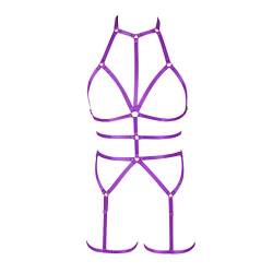 Damen Ganzkörper Brustgeschirr Riemchen Rahmen Bralette Dessous Punk Käfig Taille Strümpfe Strumpfband Gürtel Set Halloween Dance Club Party Rave Wear Gr One Size (Purple) von PETMHS