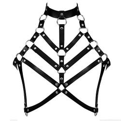 Damen Leder Harness ärmelloser BH Gesteppter Träger Tanzen Festival Karneval Tragen Punk Gothic Gürtel (Schwarz) von PETMHS