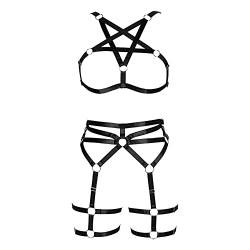 Damen Punk Body Harness Dessous volle Taille Strumpfgürtel Set Strappy Frame Cage Rave BHs, Schwarz 83+67, Einheitsgröße von PETMHS