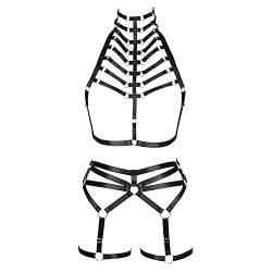 Damen Punk Body Harness Lingerie Full Waist Garter Belts Set Strappy Frame Cage Rave BHs, Schwarz O8+P4, Einheitsgröße von PETMHS