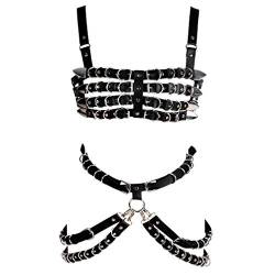 Frauen Leder Körper Brust Harness Aushöhlen Rahmen Gürtel Punk Metall Kette Quaste Gothic Festival Party Rave Wear, Schwarz , One size von PETMHS