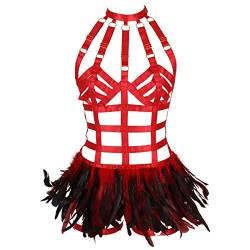 Frauen Punk Rock Harness Körper Federn Strumpfband Gürtel Elastic Dance Halloween Rave Kleidung (rot) von PETMHS