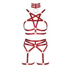 PETMHS Damen Body Harness New Leg Strumpfgürtel Strümpfe Dessous Elastic Strapsgürtel Plus Size Punk Gothic Hot Rave Strumpfbänder (Weinrot) von PETMHS