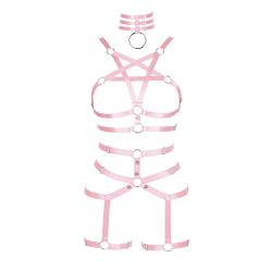 PETMHS Damen Body Harness Punk Full Cage Dessous Strappy Hollow BH und Strumpfband Gürtel Set Harajuku Gothic Festival Rave Wear (Rosa) von PETMHS