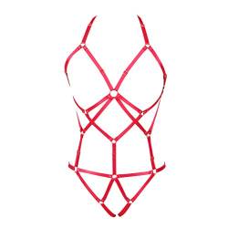 PETMHS Damen Body Harness Straps Elastic Riemchen Full Cage Body Harness Dessous Strumpfband Set Strap Hohl Top BH Punk Gothic Festival Wear (Rot) von PETMHS