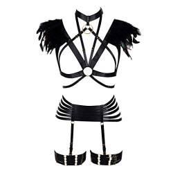 PETMHS Damen Feder Set Geschirr Käfig BH Plus Size Punk Gothic Festival Karneval Kunst Kostüm (Schwarz O0663+p0182) von PETMHS