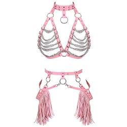 PETMHS Damen Frauen Taille Geschirr Leder Gürtel Metallkette Körper Quaste Punk Festival Tanz Rave Kostüme Pu Strumpfgürtel (Rosa) von PETMHS