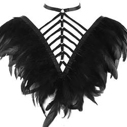 PETMHS Damen Harness Feder Epaulette mit Federn Schulterflügel Schulter Flügel Körper Kabelbaum BH Ärmellos Sling Top Hohl BH Punk Gothic Feder Flügel Dance Rave Wear (Schwarz) von PETMHS