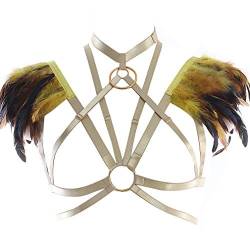 PETMHS Damen Harness Frauen Gothic Feather Einstellbare Body Caged BH Stil Dessous Sling Ganzkörper Feder Bralette Riemchen Ganzkörper Set Festival Rave Halloween Burning Man Wing (Gelb) von PETMHS