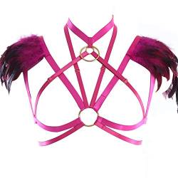 PETMHS Damen Harness Frauen Gothic Feather Einstellbare Body Caged BH Stil Dessous Sling Ganzkörper Feder Bralette Riemchen Ganzkörper Set Festival Rave Halloween Burning Man Wing (Rose rot) von PETMHS