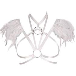 PETMHS Damen Harness Frauen Gothic Feather Einstellbare Body Caged BH Stil Dessous Sling Ganzkörper Feder Bralette Riemchen Ganzkörper Set Festival Rave Halloween Burning Man Wing (Weiß) von PETMHS