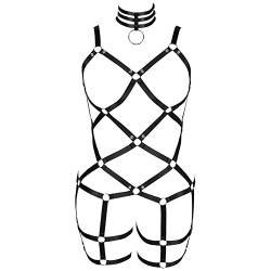 PETMHS Damen Harness Strumpfgürtel Set für Damen Plus Size Gothic Pentagramm Riemchen Body Cage Aushöhlen BH Punk Kleidung (Schwarz 32) von PETMHS