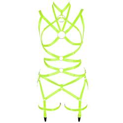 PETMHS Damen Punk Cut Out Harness Körper Voll Riemchen Dessous Taille Strumpfgürtel Set Elastizität Bralette Goth EDC Halloween Club Party Tanz Rave Wear (Fluorescent Green) von PETMHS