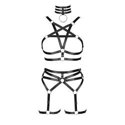 PETMHS Damen Punk Körpergurte Bein Strumpfgürtel Body Harness BHS Dessous Korsett Brust Körper Goth Rave Mode Körperkette Schmuck Accessoires (Schwarz A) von PETMHS