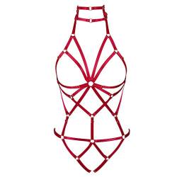 PETMHS Damengurt Body Harness Dessous Full Caged Taille Strumpfgürtel Set Riemchenrahmen Bralette Punk Goth Halloween Club Party Dance Rave Wear (Weinrot) von PETMHS