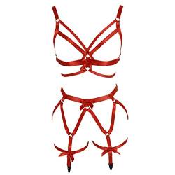 PETMHS Frauen Punk Harness Körper voller Riemen Taille Strumpfband Gürtel Elastizität BH Gothic Festival Rave Wear (Weinrot) von PETMHS