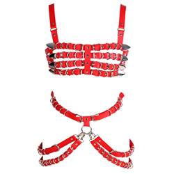 PETMHS Frauen Punk Leder Body Harness Brustgeschirr Hollow Out Frame Strumpfband Gürtel Set (rot) von PETMHS