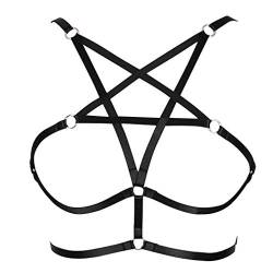 PETMHS Frauen Riemchen Harness BH Punk Pentagramm Körper Brust Bandage Dessous Aushöhlen Rahmen Crop Tops Bralette Plus Size Taille Strumpfgürtel Set Goth Rave Halloween Kleidung (Black O0507) von PETMHS