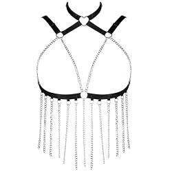 PETMHS Punk Brust Harness BH Body Chain für Damen Truhe Kette Schwarz Gothic Halsband Ketten Riemchen Geschirr BHs Körperschmuck Clubwear Mode Belly Belts (Schwarzes Silber O274) von PETMHS