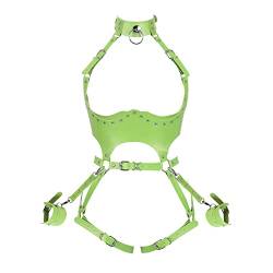 PETMHS Punk Leder Harness BH Gothic Rave Body Chain ganzer Körpergurt Taillenketten Nightclub Prom Body Chains Mode Belly Belts Body für Frauen Schwarz (Hellgrün) von PETMHS