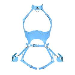 PETMHS Punk Leder Harness BH Gothic Rave Body Chain ganzer Körpergurt Taillenketten Nightclub Prom Body Chains Mode Belly Belts Body für Frauen Schwarz (Himmelblau) von PETMHS